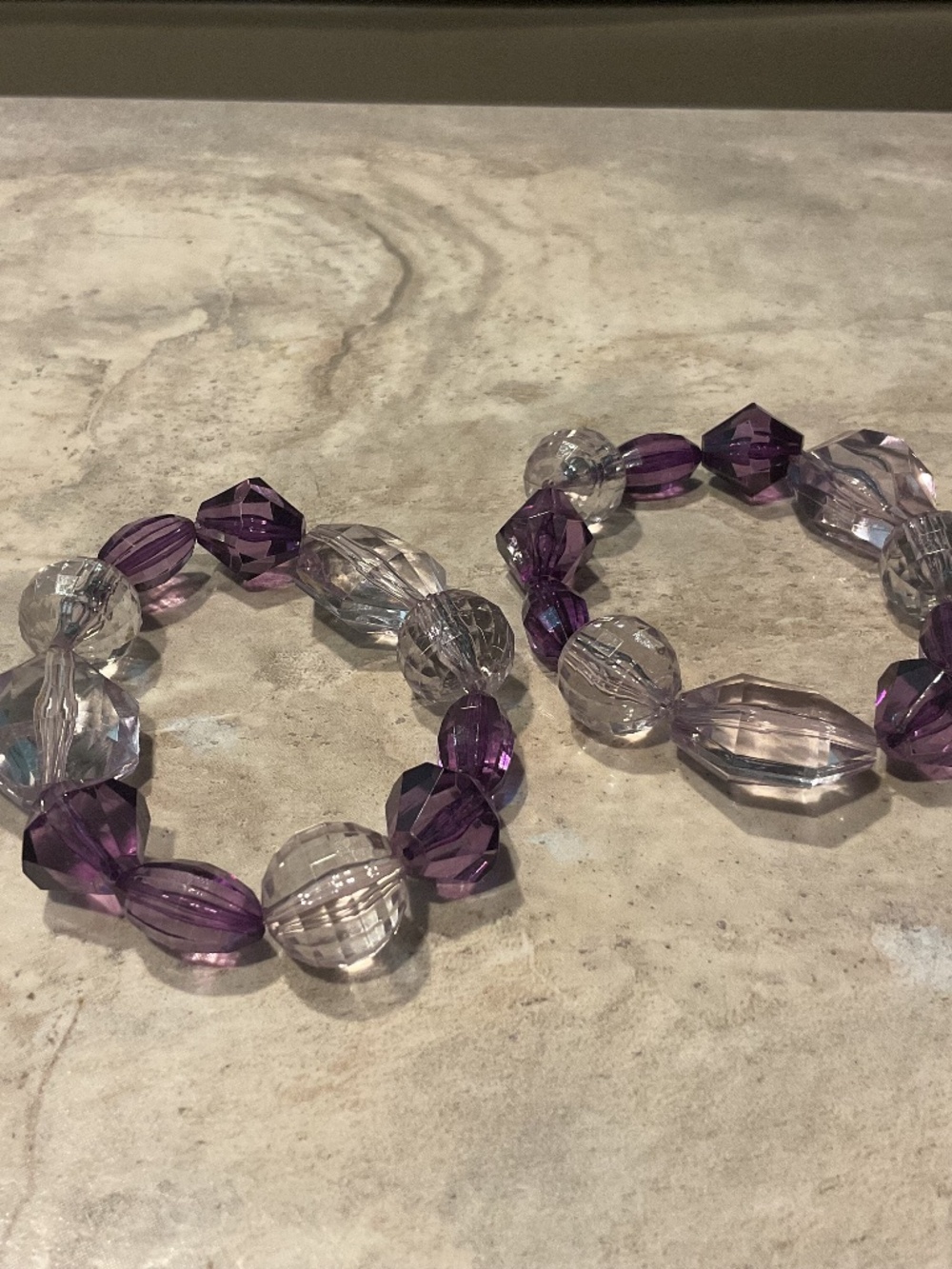 2 Purple and Clear Beaded Stretch Bracelet